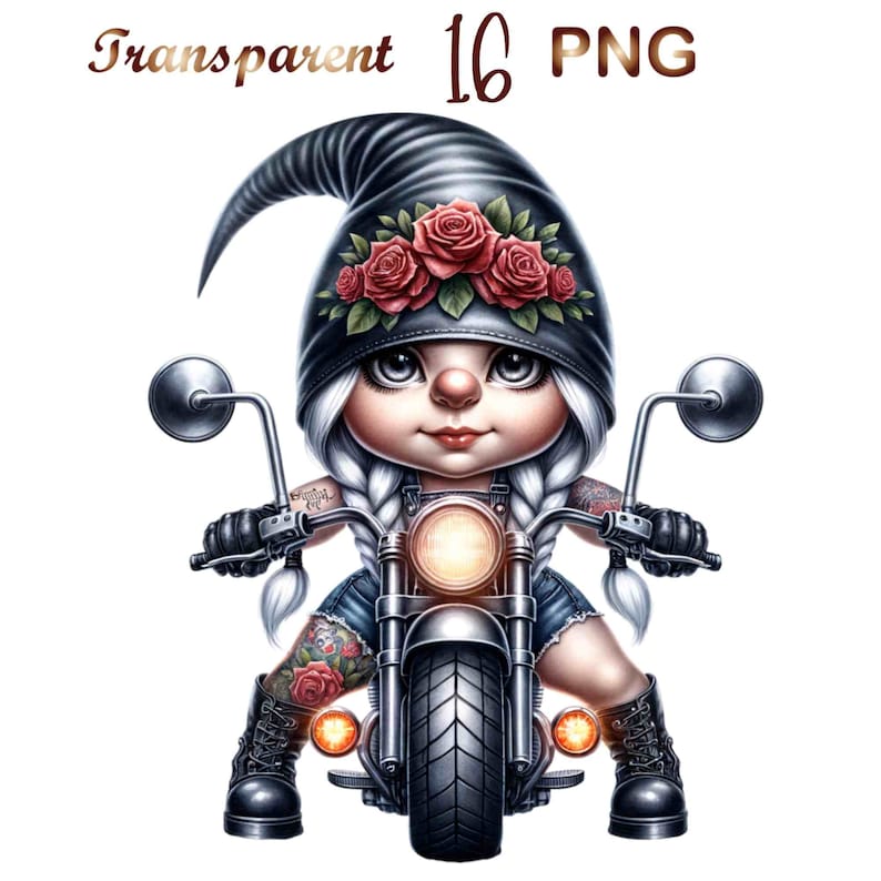 May include: A gnome with white braids wearing a black leather hat with red roses, riding a black motorcycle with a bright headlight.