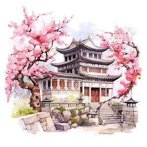 16 jpg's, aquarel Chinese architectuur clipart, commercieel gebruik, digitale download, kaarten maken, mixed media, digitale papierkunst