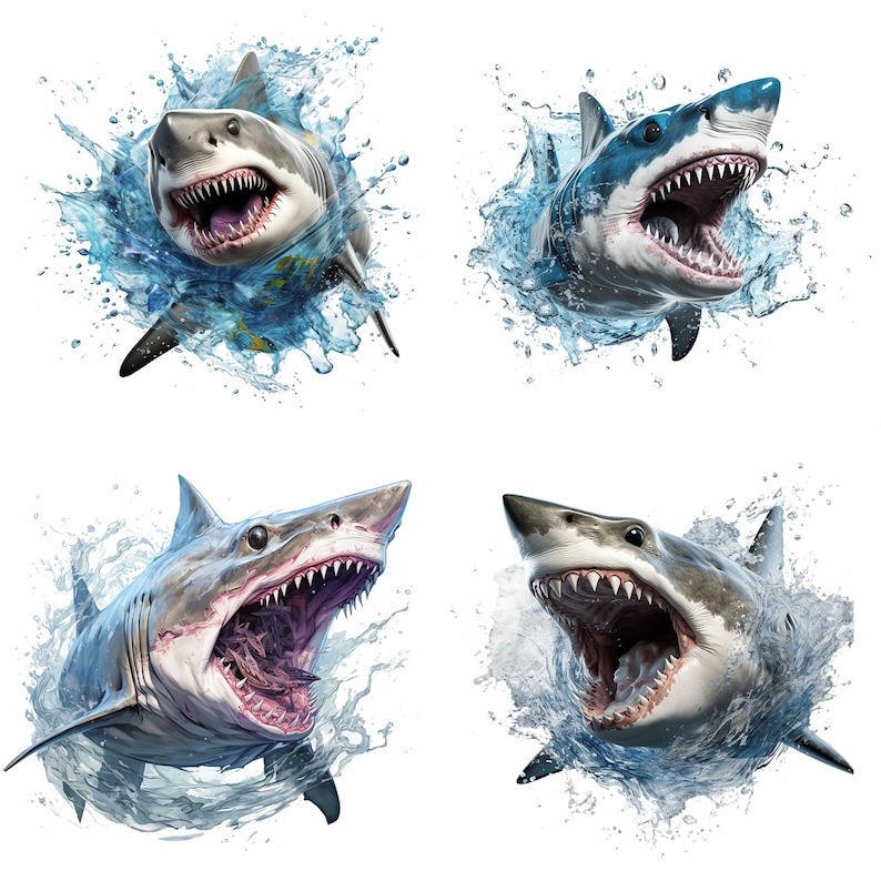 May include: Four images of great white sharks with their mouths open, leaping out of the water, creating a splash of water droplets around them.