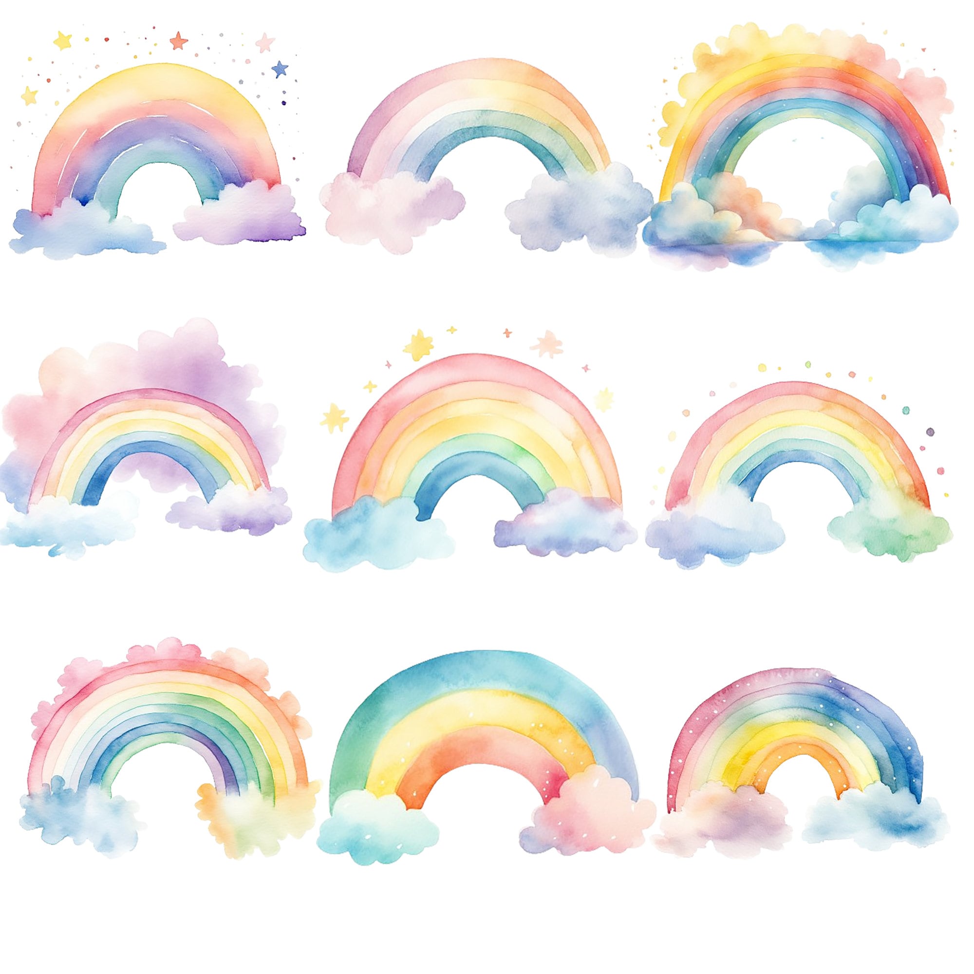 23 Watercolor Pastel Rainbow Clipart Bundle, Jpgs,sun,clouds, Rainbow ...