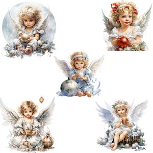 May include: Five illustrations of angels with wings, each holding a Christmas ornament. The angels are depicted as young girls with blonde hair and wearing white dresses. The ornaments are silver, gold, and red.