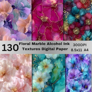 Könnte beinhalten: Ein digitales Papier-Set mit sechs floralen Marmor-Alkohol-Tinten-Designs. Die Designs zeigen bunte Blumen in Rosa-, Lila-, Blau- und Goldtönen. Der Text auf dem Bild lautet "130 Floral Marble Alcohol Ink Textures Digital Paper 300DPI 8.5x11 A4".