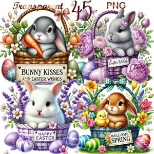 May include: Four Easter baskets with bunnies, flowers, and eggs. The baskets are decorated with ribbons and signs that say "Bunny Kisses and Easter Wishes", "Happy Easter", "Easter Wishes", and "Welcome Spring".