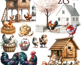 28 PNG, Chicken and Rooster Clipart bundle, Watercolor Rustic Farm Bird PNG Files, Countryside Egg Illustrations, commercial use