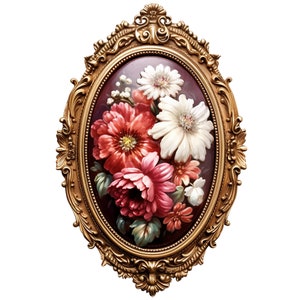 May include: A gold oval frame with ornate details surrounds a painting of a bouquet of pink, white, and red flowers on a dark red background.