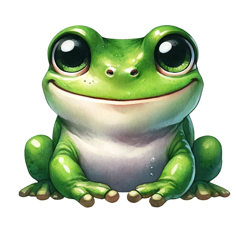 May include: A green frog with large, round eyes and a wide smile. The frog is sitting with its legs tucked under its body.