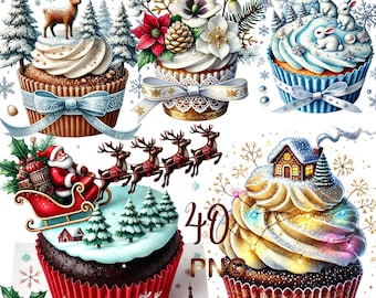 40 PNG, Christmas Cupcakes Clipart Bundle, set1, Festive Holiday Desserts Sweet Treats, Winter Cup Cake,Digital Illustrations,Commercial Use