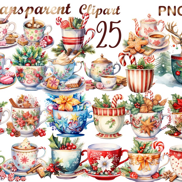 25 Winter cups clipart - Christmas Coffee Tea Clipart - Hot chocolate Clipart,Christmas Sweets & Treats Digital Clip Art, Holiday Printables