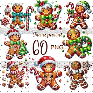 60 PNG, Gingerbread Man Clipart bundle, Christmas clipart, Festive Cookie Graphics, Holiday Printables, Commercial Use, Digital Download