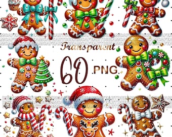 60 PNG, Gingerbread Man Clipart bundle, Christmas clipart, Festive Cookie Graphics, Holiday Printables, Commercial Use, Digital Download