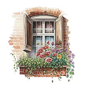 May include: Watercolor illustration of a window with open wooden shutters and a brick flower box. The window is surrounded by a brick wall. The flower box is filled with red, purple, yellow, and green flowers and foliage.