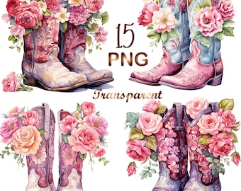 May include: A set of 15 watercolor illustrations of cowboy boots with pink and white flowers. The boots are in various colors and styles, including pink, blue, and purple. The flowers are arranged around the boots in a whimsical and romantic way.  The text "15 PNG Transparent" is visible in the image.