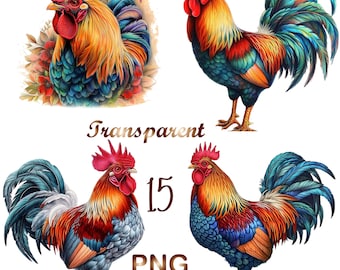15 PNG  Rooster Clipart, Animals, Nursery, High Quality Clipart, Instant Download, 300 Dpi, Transparent PNG Files, Commercial use