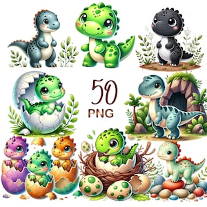 50 PNG Watercolor Cartoon Dinosaur Clipart, set 2, Baby Dinosaur Clipart, Dino Birthday Party Decor, Cute Dinosaurs, Instant Download