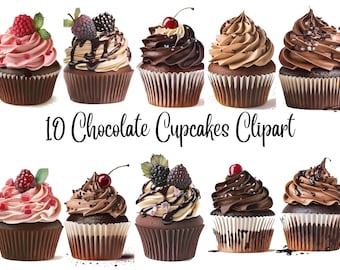 10 Chocolate Cupcakes  Clipart -High Quality JPGs - Digital Planner, Junk Journaling, Watercolor, Commercial Use - Digital Download