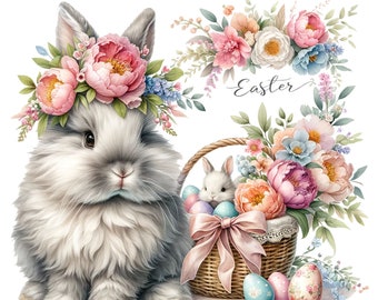 12 PNG/JPG,  Easter bunny clipart bundle, Easter clipart, Easter png graphics, Bunny sublimation, Transparent background, Commercial Use