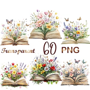 60 PNG Old Floral Books Clipart Bundle, Wildflowers  Books Lover, Books Designs, Digital Download, Unlimited Commercial Use
