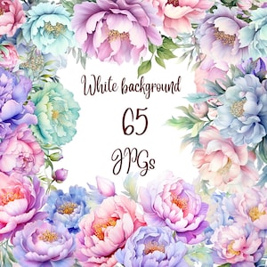65 Pastel Peony Flowers Clipart, Watercolor Floral Bouquets,High Quality JPGs, Digital Download,Card Making, Mixed Media,Digital Paper Craft