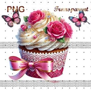 Puede incluir: Un cupcake rosa y blanco con glaseado blanco y rosas rosas. El cupcake est&aacute; decorado con purpurina dorada y un lazo rosa. Dos mariposas rosas est&aacute;n a cada lado del cupcake.