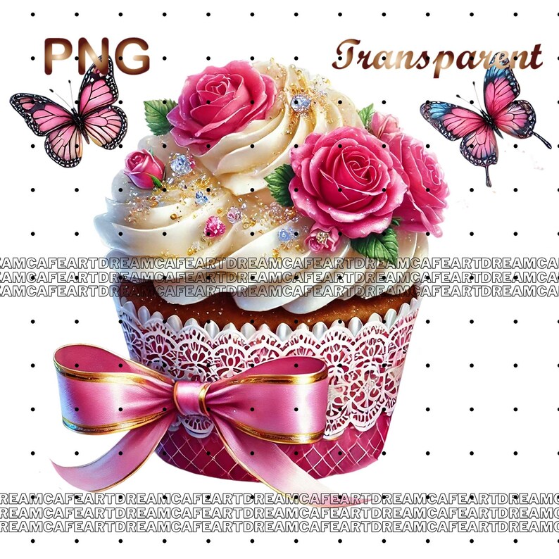 Puede incluir: Un cupcake rosa y blanco con glaseado blanco y rosas rosas. El cupcake est&aacute; decorado con purpurina dorada y un lazo rosa. Dos mariposas rosas est&aacute;n a cada lado del cupcake.