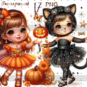 May include: Two digital illustrations of girls dressed in Halloween costumes. One girl is wearing an orange pumpkin costume with a black bow and a pumpkin in her hand. The other girl is wearing a black cat costume with a black bow and a black cat mask. Both girls are standing on a white background with a pumpkin and autumn leaves.
