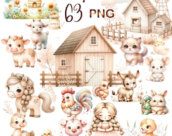 May include: A set of watercolor illustrations featuring farm animals, a farmhouse, and other country-themed elements. The illustrations include a cow, a horse, a donkey, a rooster, a duck, a chick, a cat, a mouse, a bunny, and a girl. The illustrations are perfect for creating cards, invitations, scrapbook pages, and other craft projects.