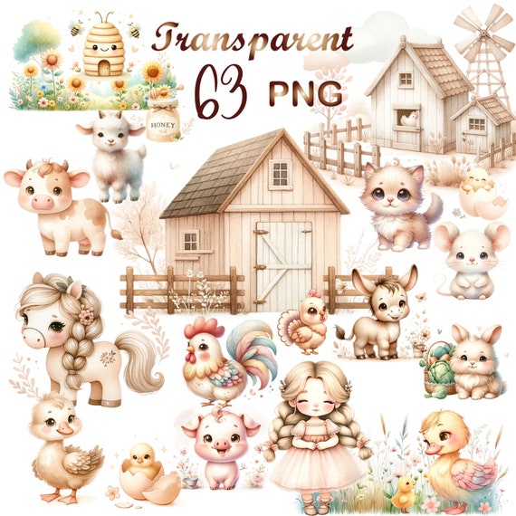 63 PNG, Watercolor Farm Animals clipart bundle, Cute Farm Clipart, Farm Baby Animals, Farm Clipart, Farm Animals Watercolor Digital Clipart