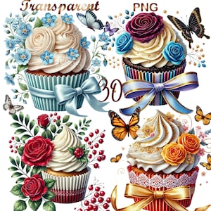 Puede incluir: Tres cupcakes decorados con flores, mariposas y lazos. Los cupcakes est&aacute;n sobre un fondo blanco. Los cupcakes est&aacute;n decorados con diferentes colores, incluyendo rosa, azul, amarillo y verde.