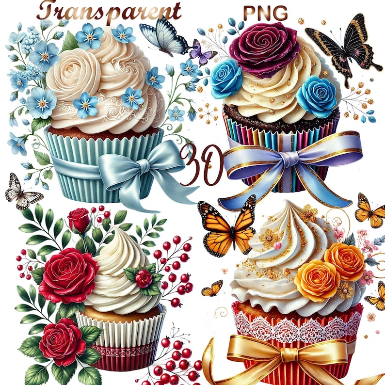 Puede incluir: Tres cupcakes decorados con flores, mariposas y lazos. Los cupcakes est&aacute;n sobre un fondo blanco. Los cupcakes est&aacute;n decorados con diferentes colores, incluyendo rosa, azul, amarillo y verde.