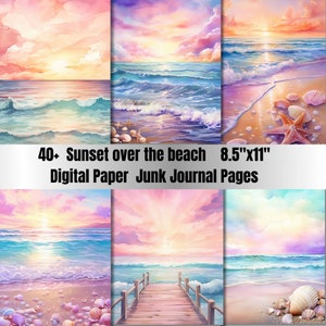 40+ tramonto sulla spiaggia stampabile Carta digitale, JPG, sfondo spiaggia, sfondo tramonto magico, carta da giornale spazzatura tramonto incantato