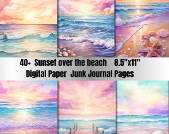 40+ Printable sunset over the beach Digital  Paper,JPGs, Beach Background,Magical Sunset Backdrop,Enchanted sunset Junk Journal Paper