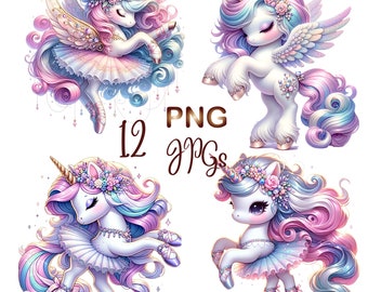 May include: Four digital illustrations of pastel-colored unicorns wearing tutus and ballet shoes. Each unicorn has a crown, wings, and a flowing mane and tail. The text "PNG 12 JPGs" is in the center of the image.