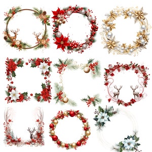 May include: A selection of Christmas wreaths and frames. Designs include poinsettias, berries, pine needles, and baubles in red, gold, and white. Some frames feature deer illustrations.