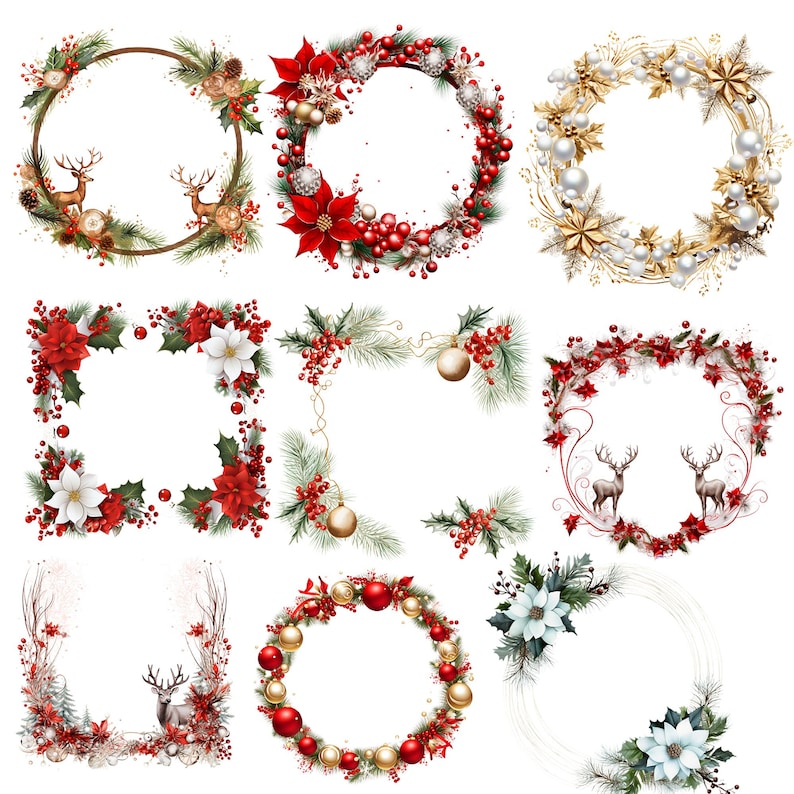 May include: A selection of Christmas wreaths and frames. Designs include poinsettias, berries, pine needles, and baubles in red, gold, and white. Some frames feature deer illustrations.