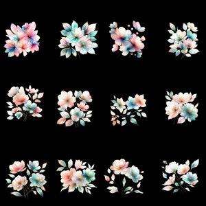 May include: Twelve watercolor illustrations of delicate pink, white, and blue flowers with green leaves on a black background.