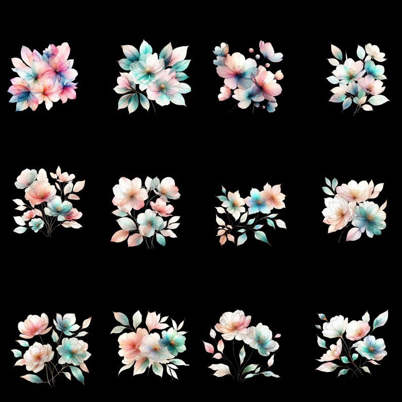 May include: Twelve watercolor illustrations of delicate pink, white, and blue flowers with green leaves on a black background.