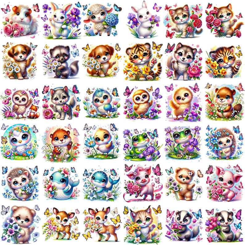 Op de afbeelding: Een verzameling van 36 kleurrijke illustraties met verschillende dieren die bloemen vasthouden en omringd zijn door vlinders. De dieren omvatten een cavia, een konijn, een lam, een kat, een hond, een tijger, een uil, een eekhoorn, een vogel, een kikker, een egel, een dolfijn, een varken, een hert en een das.