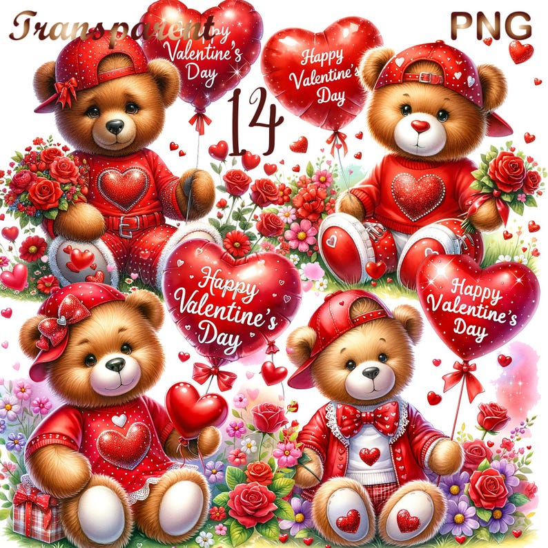 Op de afbeelding: Vier teddyberen die rode outfits en hoeden met harten dragen en de tekst "Happy Valentine's Day" op ballonnen. De beren zijn omringd door rode rozen en andere bloemen.