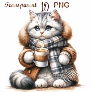 10 Kitten with a Coffee PNG, cute cat clipart bundle, Kitten Sublimation, cat watercolor clipart, cat dress clipart, cat mom clipart,