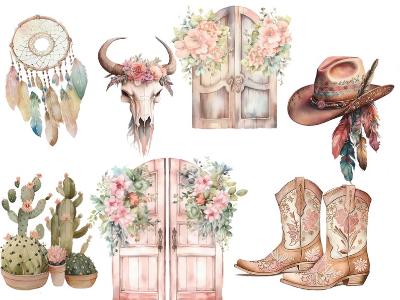 May include: A set of six watercolour illustrations featuring a dreamcatcher, a cow skull, a pair of doors with floral wreaths, a cowboy hat, a pair of cowboy boots, and a cactus plant. The illustrations are in a boho style with pink, green, and brown colours.