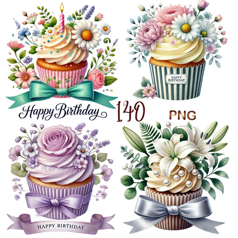 140 PNG Floral Cupcake Clipart Bundle – Watercolor Birthday Cupcakes ...