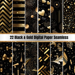 22 glitter neri e oro senza soluzione di continuità, confezione per pagine di album di ritagli di Capodanno, eleganti sfondi digitali dorati, download immediato, uso commerciale