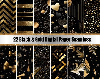 Seamless Black & Gold Glitter 22,Pack for New Years Eve Scrapbook Pages, Elegant Gold Digital Backgrounds, Instant Download, Commercial Use