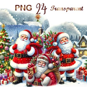 May include: A festive illustration featuring three Santas in red suits and hats, carrying gift-filled sacks. A decorated Christmas tree and snow-covered houses complete the holiday scene. The image includes the text "PNG 24 Transparent".