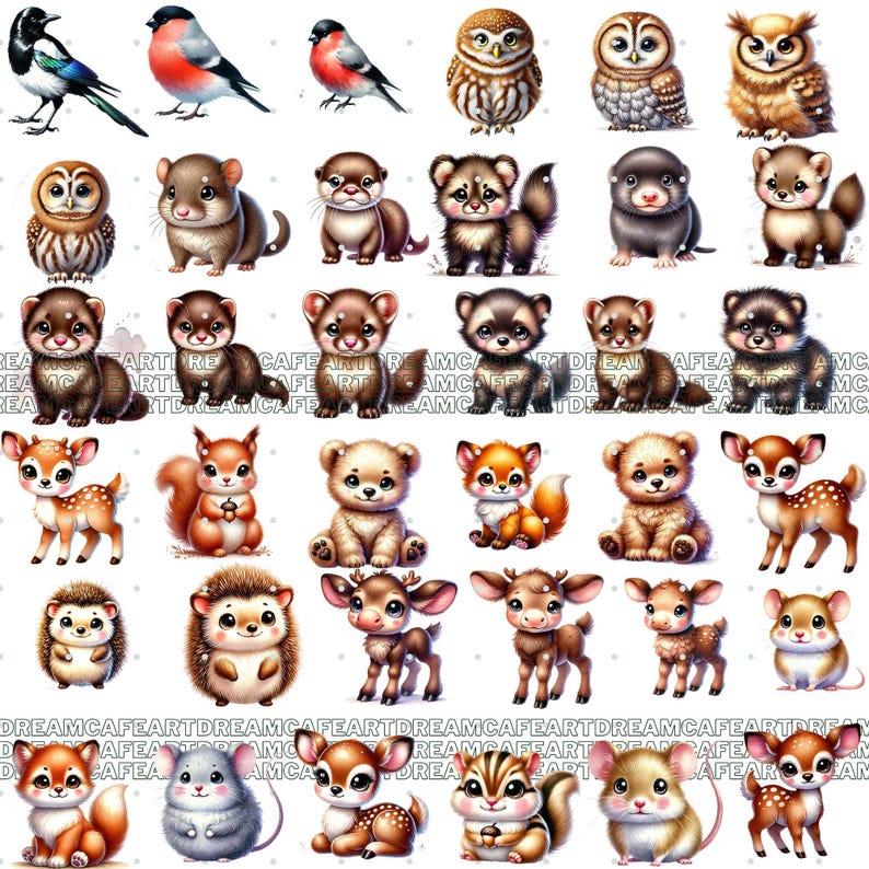 Puede incluir: Una colecci&oacute;n de ilustraciones en acuarela con varios animales. La imagen incluye p&aacute;jaros, b&uacute;hos, ardillas, ciervos, zorros, osos, erizos y otras criaturas del bosque. Cada animal est&aacute; representado en un estilo lindo y de dibujos animados con colores suaves.