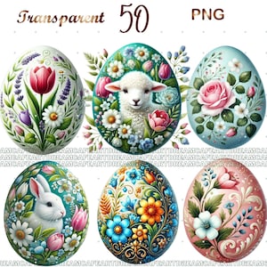 Puede incluir: Conjunto de seis ilustraciones de huevos de Pascua con varios diseños florales, incluyendo un cordero, un conejito y una rosa. Los huevos están decorados con patrones intrincados y colores vibrantes.