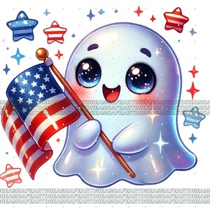 May include: A cute cartoon ghost holding an American flag with red, white, and blue stars. The ghost has big blue eyes and a happy expression. The background is white with scattered stars.