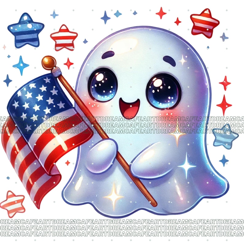 May include: A cute cartoon ghost holding an American flag with red, white, and blue stars. The ghost has big blue eyes and a happy expression. The background is white with scattered stars.