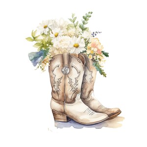Puede incluir: Un par de botas vaqueras marrones con costuras blancas y un arreglo floral de flores blancas y amarillas en la parte superior de las botas.