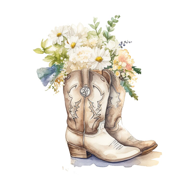 Puede incluir: Un par de botas vaqueras marrones con costuras blancas y un arreglo floral de flores blancas y amarillas en la parte superior de las botas.
